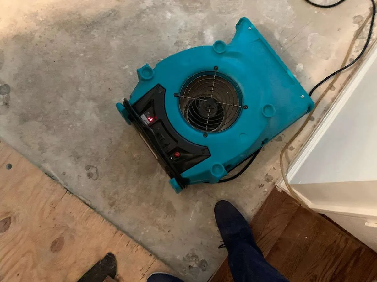 Air mover drying subfloor during Leak Detection & Repair in East Goshen